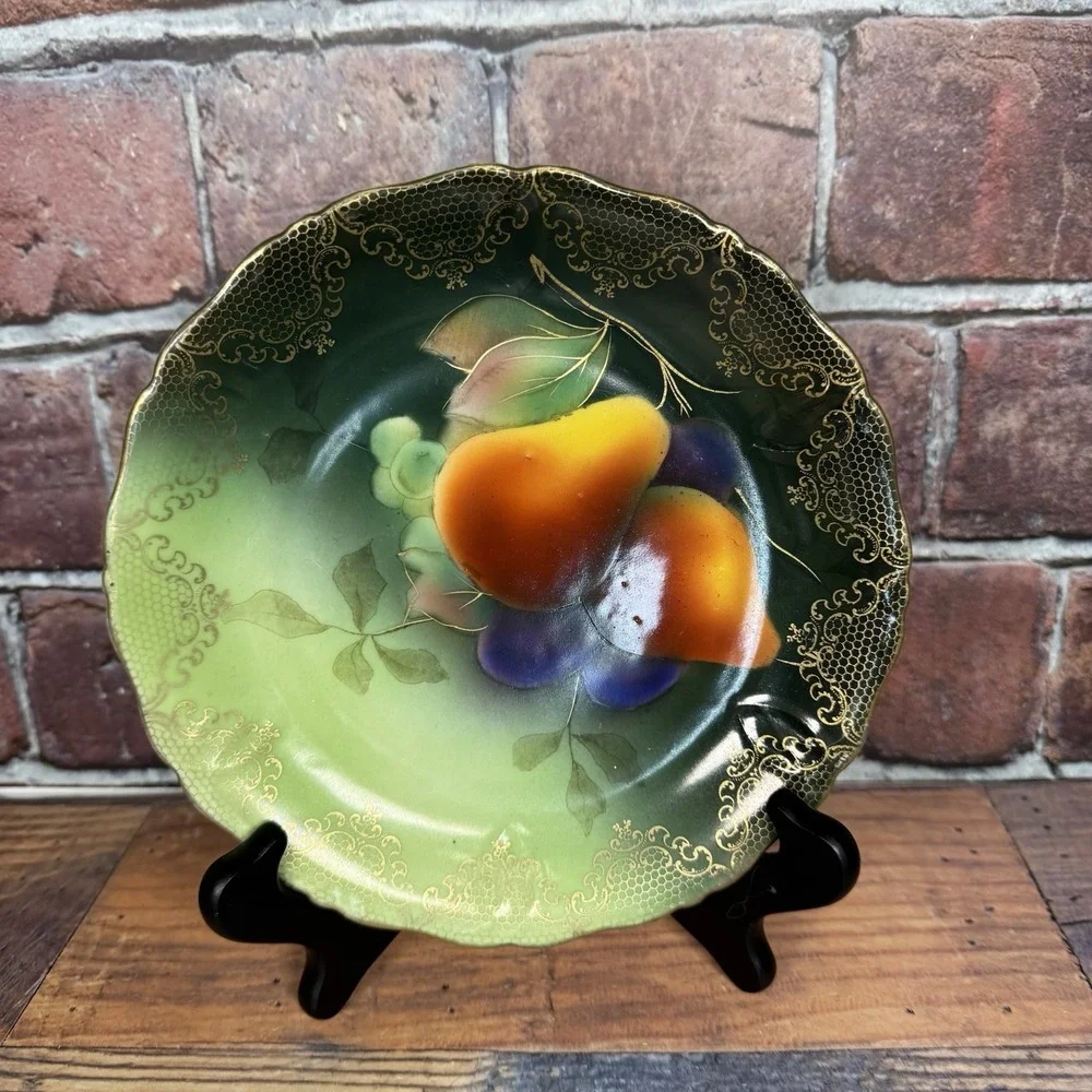 Vintage  Fruits La France Dinner Plate Prussia Hand Painted Green Gold Lace Trim